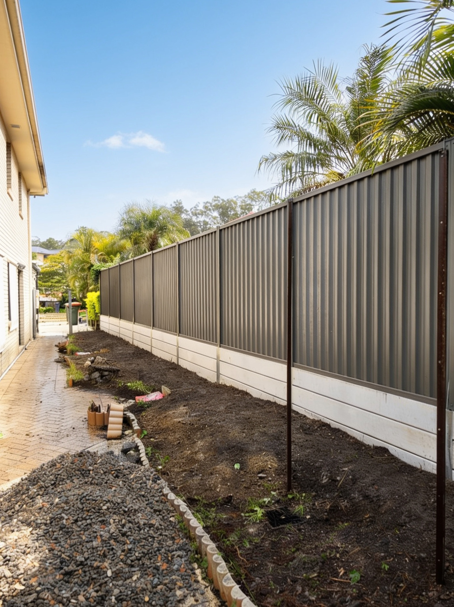 Retaining wall and Colorbond fence built by Synergy Fencing on a sloped Brisbane property