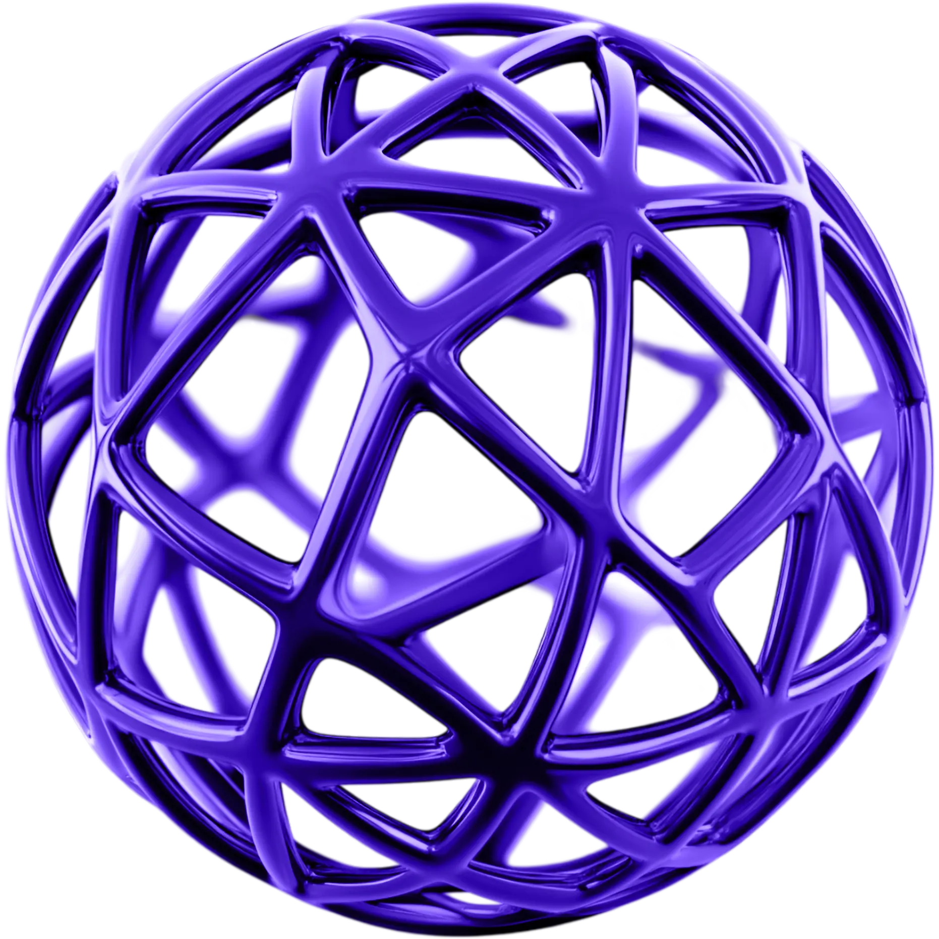 Glossy purple spherical sculpture with interconnected curved lattice structure on transparent background.
