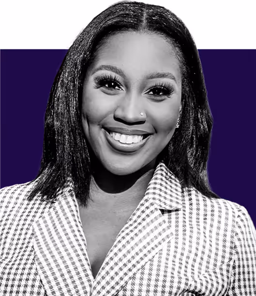 Smiling woman with straight hair wearing a checkered blazer against a dark purple background.