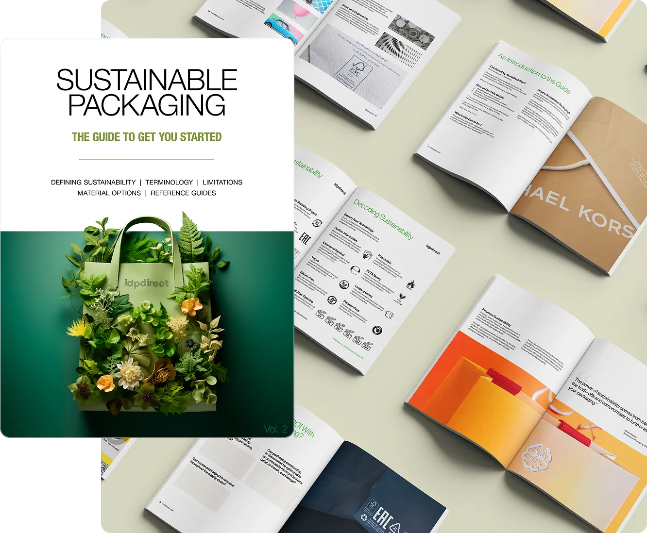Cover of sustainable packaging guide with a green bag filled with plants and open booklets on packaging layouts.