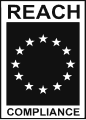 Black and white REACH Compliance logo with circle of stars inside a rectangle.