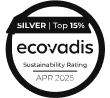 Circular badge with 'ecovadis' logo and 'sustainability rating APR 2025' text.