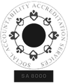 SA 8000 certification seal with circular text and icons representing workplace standards.