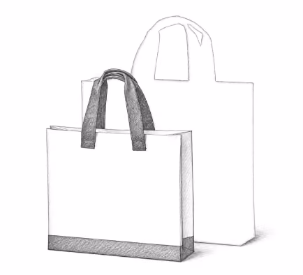 Pencil illustration of two paper shopping bags, one with woven handles.
