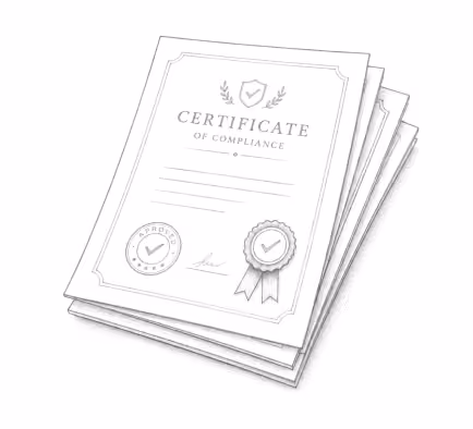 Pencil illustration of a stack of compliance certificates with award seals.