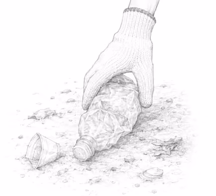 Pencil illustration of a gloved hand picking up a discarded plastic bottle.