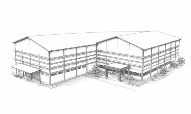 Pencil illustration of a multi-storey packaging manufacturing facility.