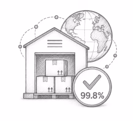 Warehouse with global shipping routes and a 99.8 percent on-time delivery badge