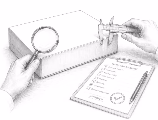 Hand inspecting a packaging box with calipers beside a quality inspection checklist