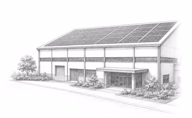 Factory building with rooftop solar panels