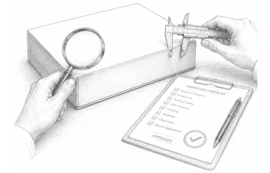 Pencil illustration of a box being measured and checked against an inspection checklist.