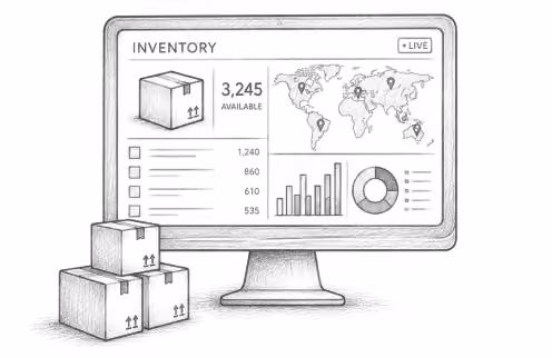 Pencil illustration of an inventory dashboard on a monitor beside stacked cartons.