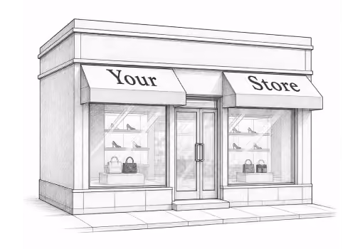 Pencil illustration of a retail storefront with lit window displays.