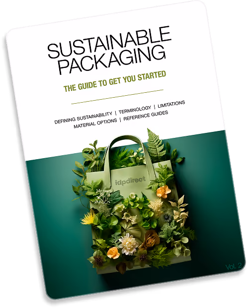 Cover of Sustainable Packaging guide with a green plant-filled reusable bag on a dark green background.
