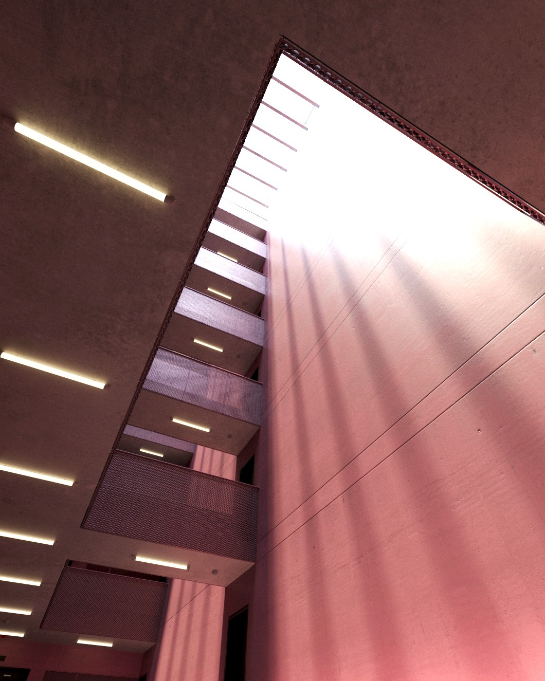 Atrium bytového domu s růžovými stěnami