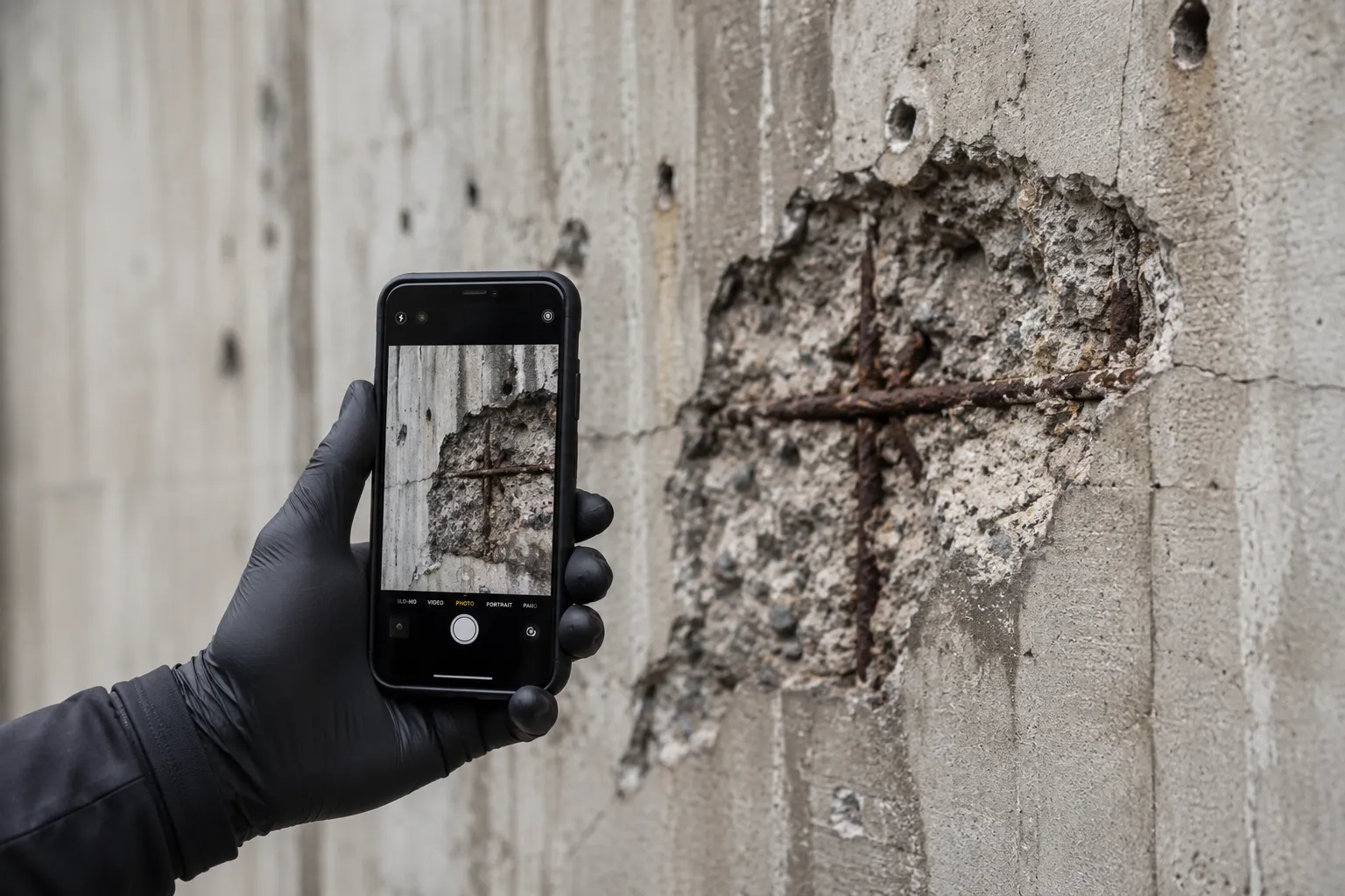 Building inspector conducting facade condition assessment