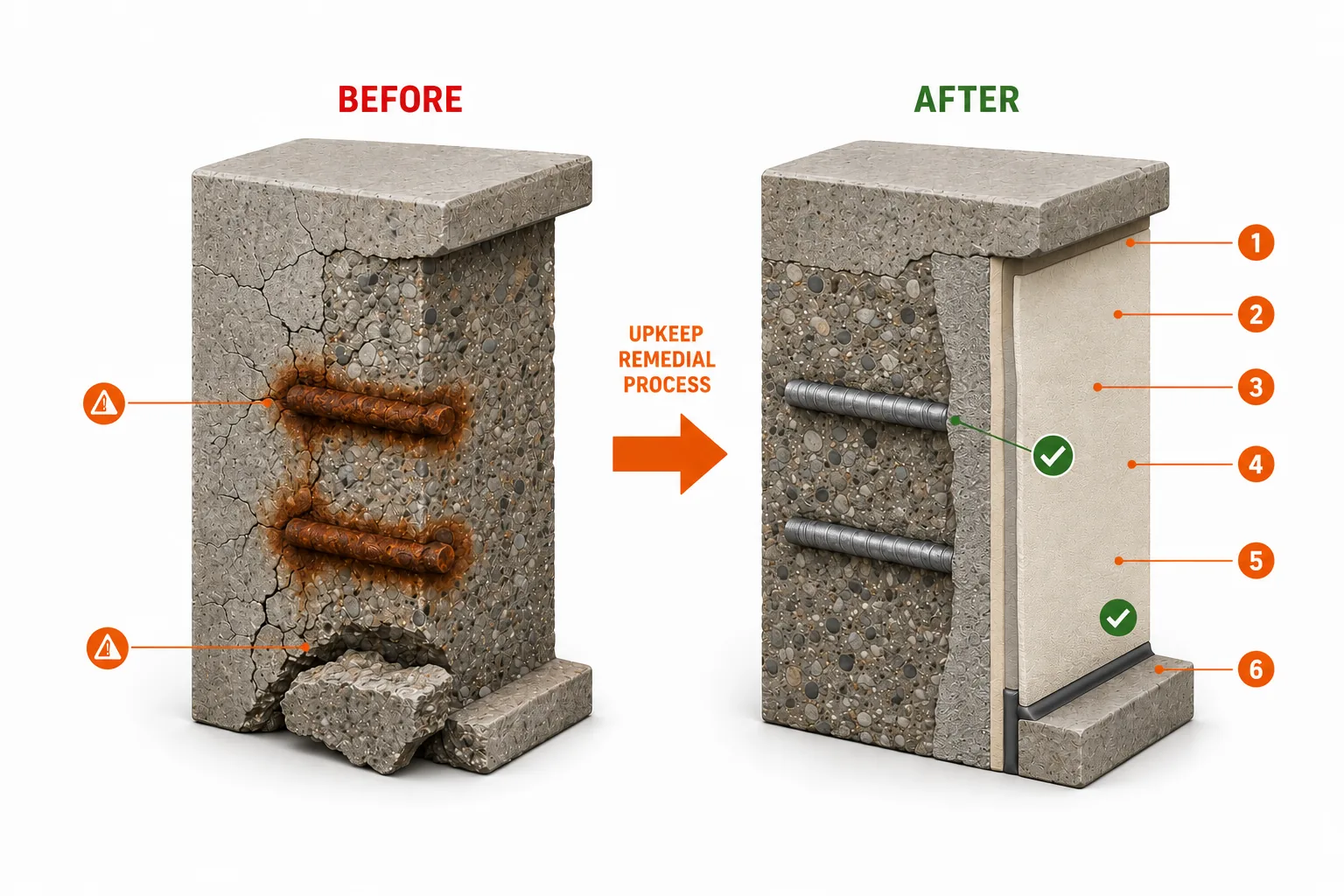 Before-and-after cutaway showing corroded rebar repaired through the UPKEEP remedial process