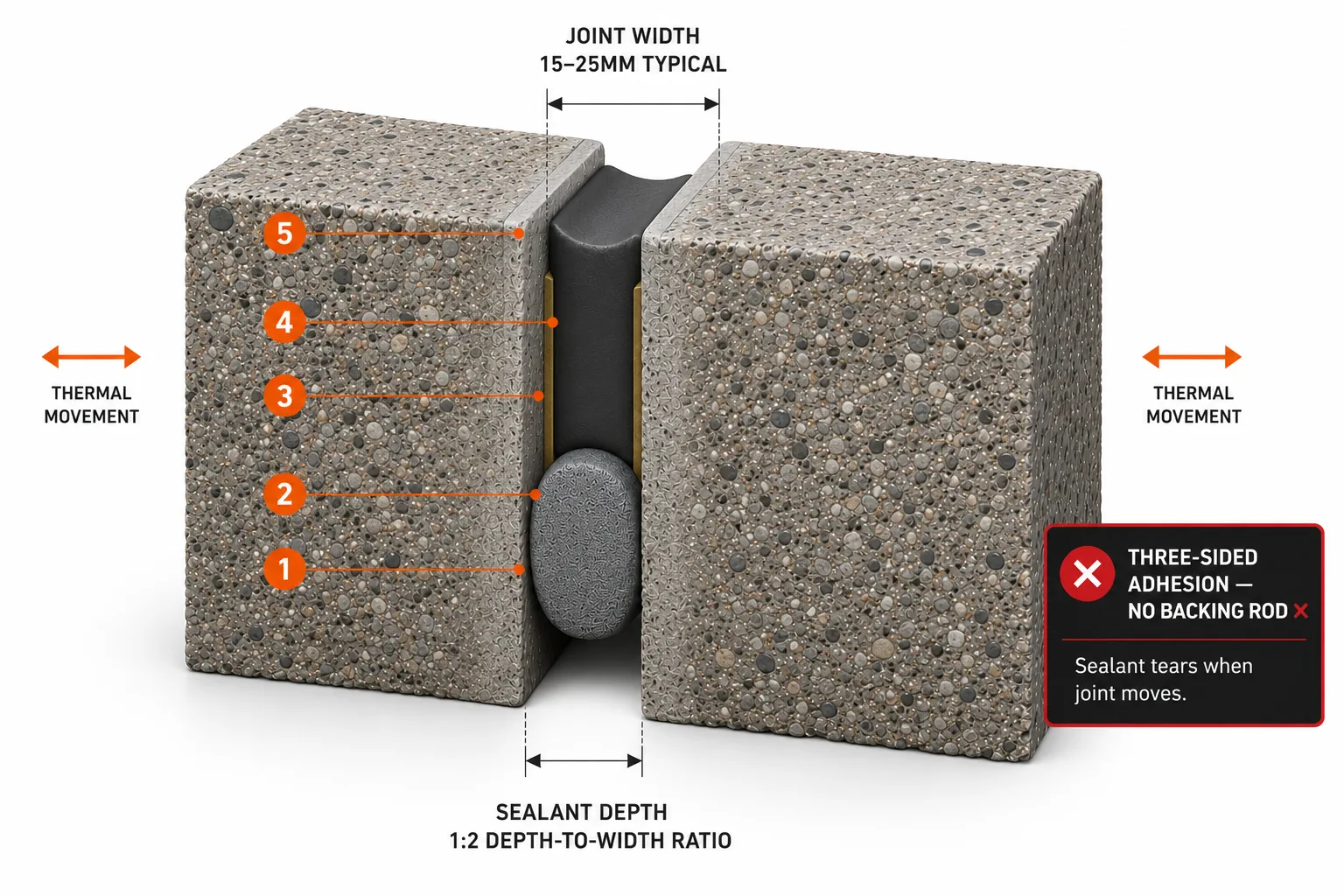 Cutaway of a movement joint showing backing rod and correct two-sided sealant adhesion