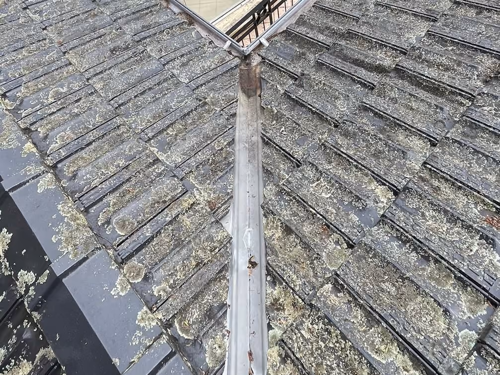 Corroding steel reinforcement bar exposed along the edge of a concrete balcony slab