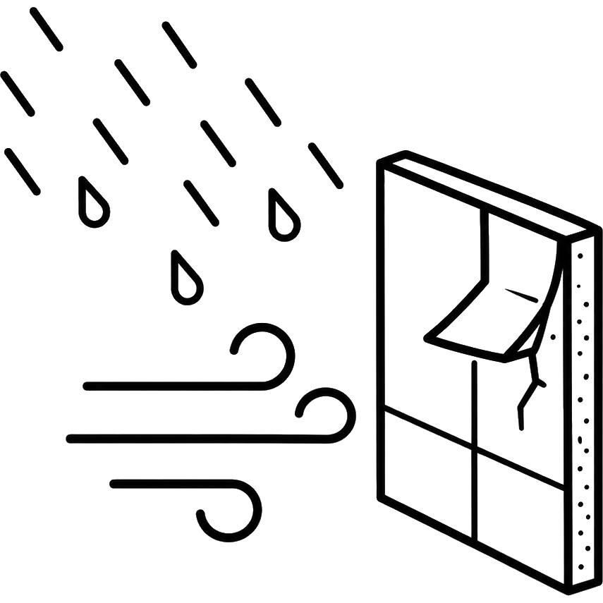 Wind-driven rain striking a cracked facade panel