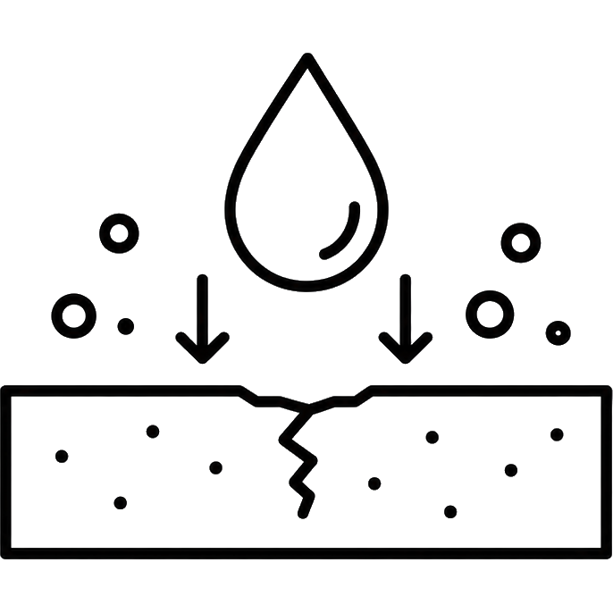 Water droplet and arrows driving into a cracked surface