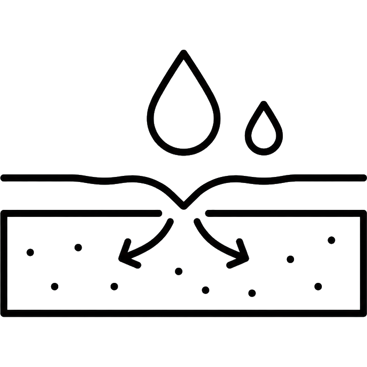 Liquid soaking into a surface with arrows drawing away to both sides