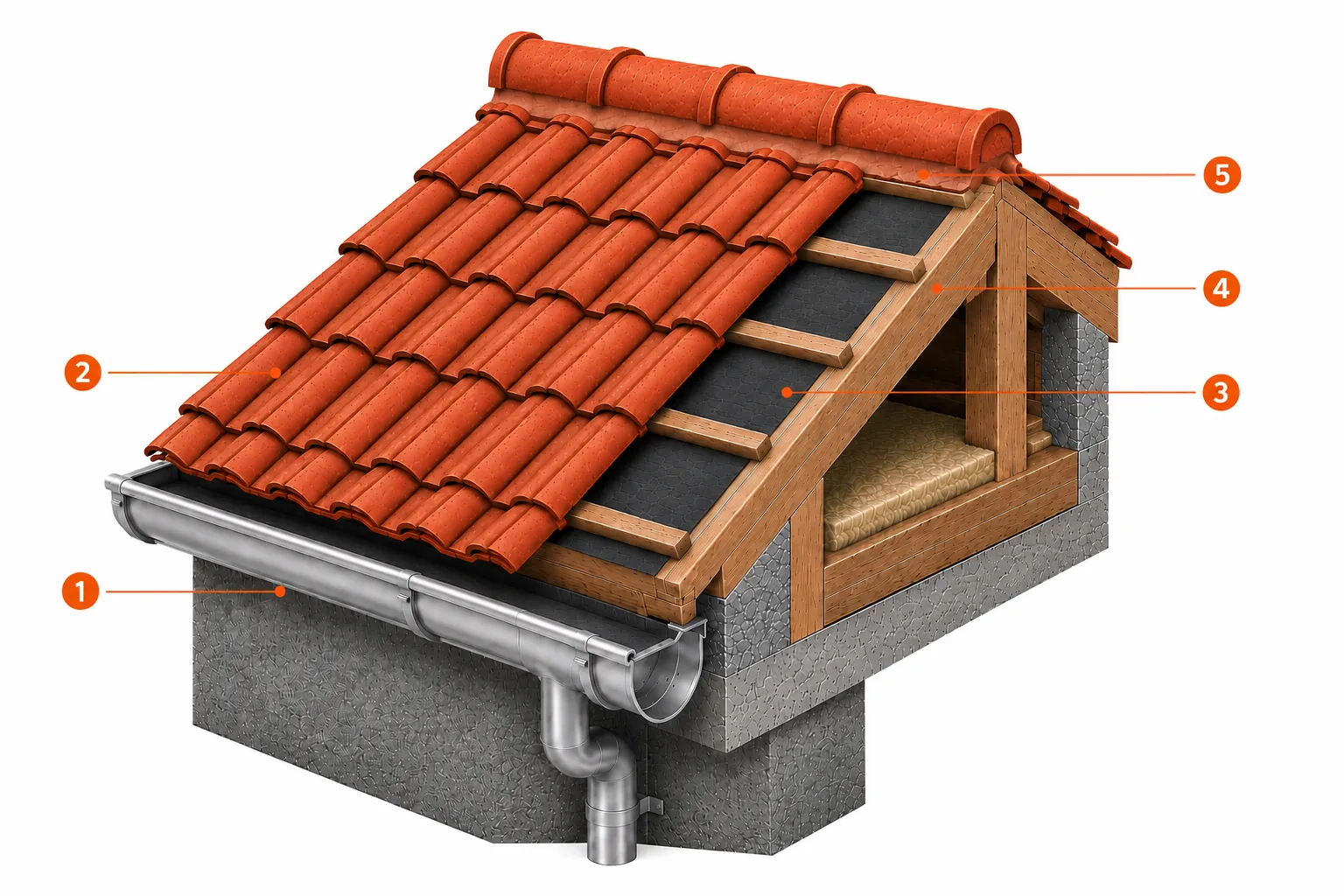 Cutaway diagram of a tiled roof system from gutter and sarking to tiles and ridge