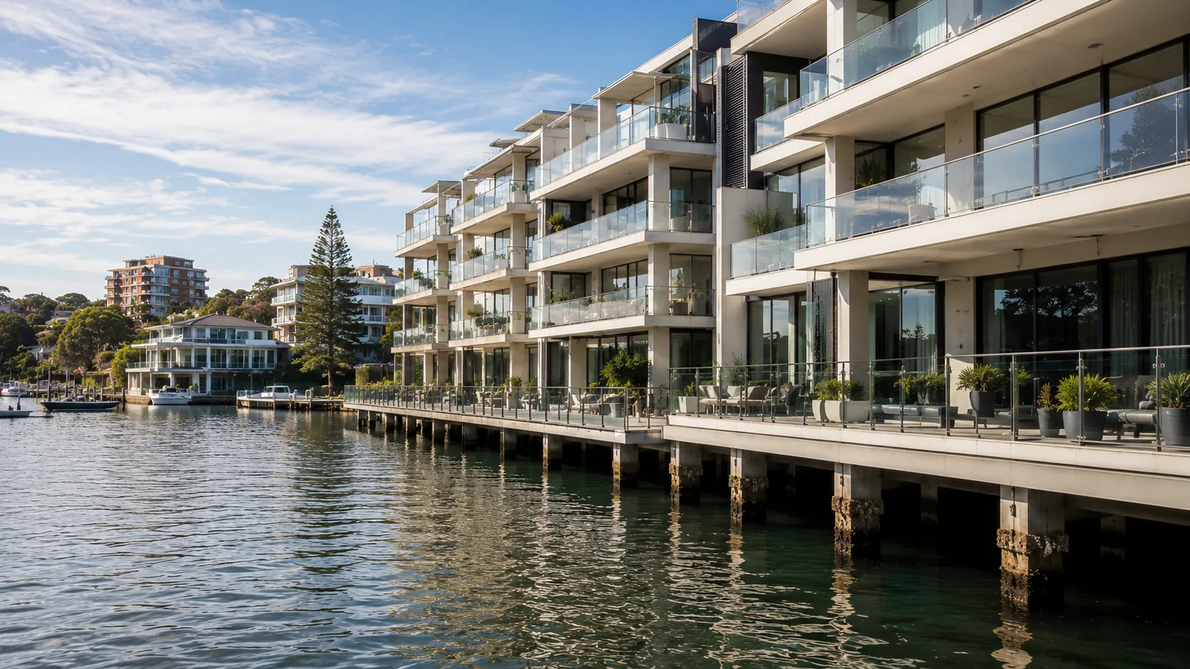 Waterfront apartment building built out over a Sydney harbour inlet on piers