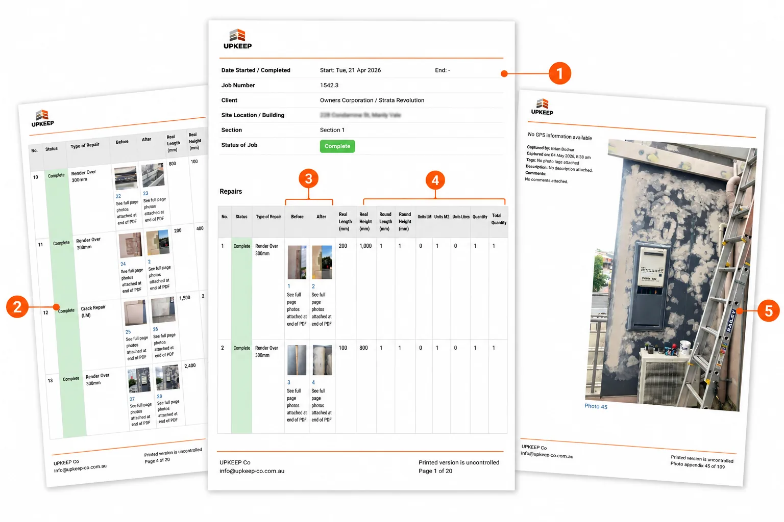 Sample report pages showing repair logs, before-and-after photos and measurements