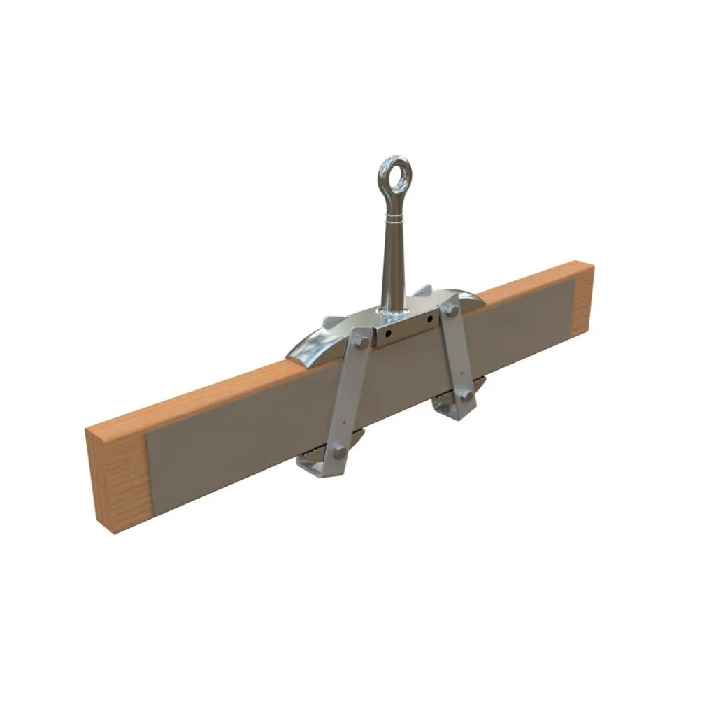 Stainless wood truss roof anchor clamped to structural timber for fall arrest and abseil