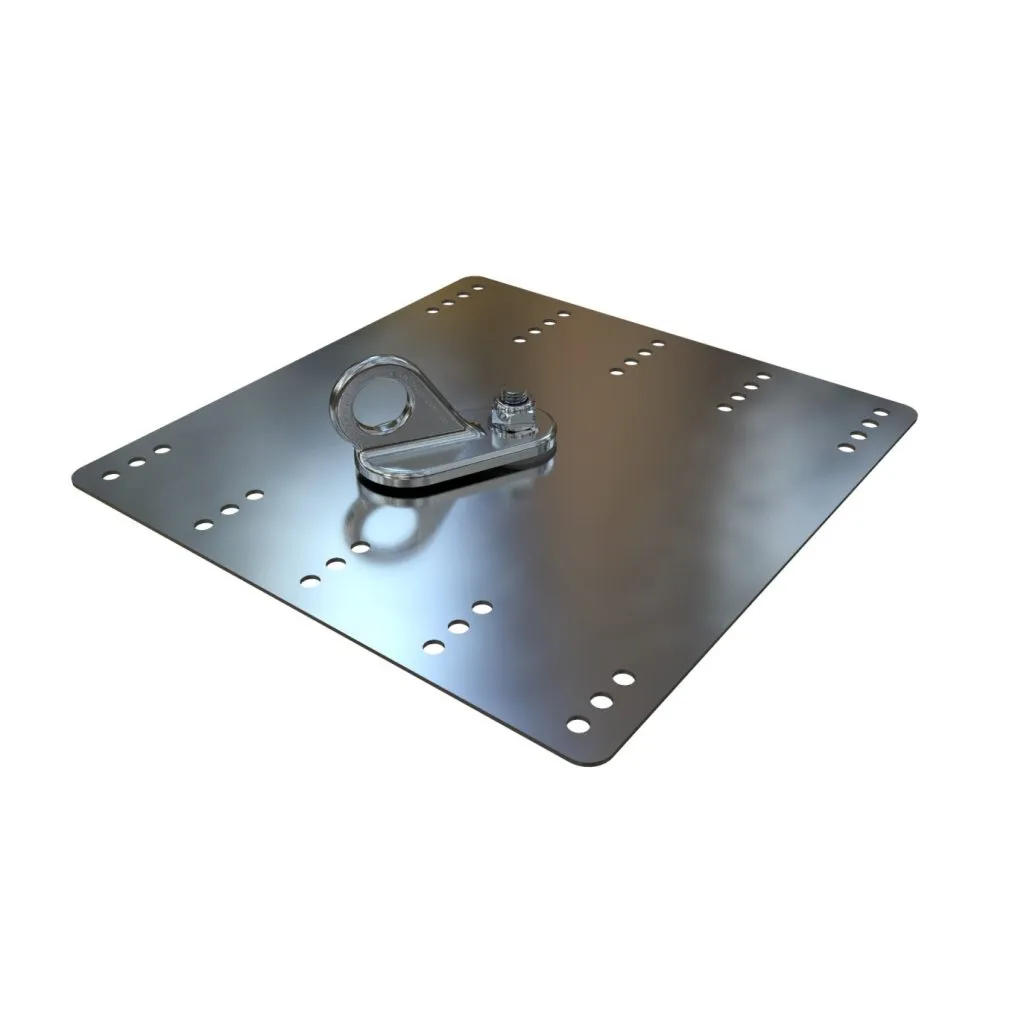 Surface-mounted metal roof anchor plate with D-ring for fall arrest and abseil access