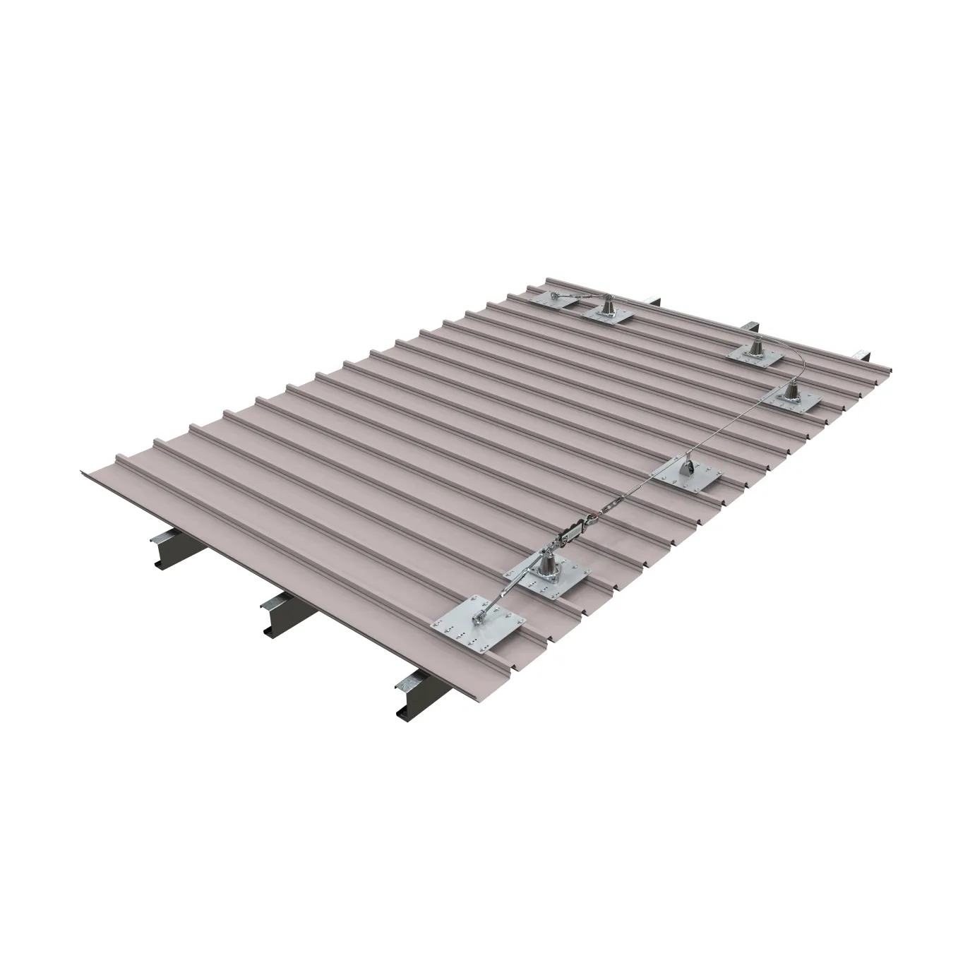Horizontal static line system on a metal roof allowing continuous connected movement