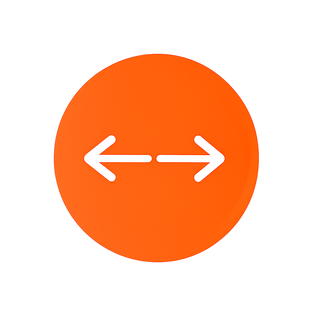 Orange circle with white left and right arrows pointing away from each other in the center.