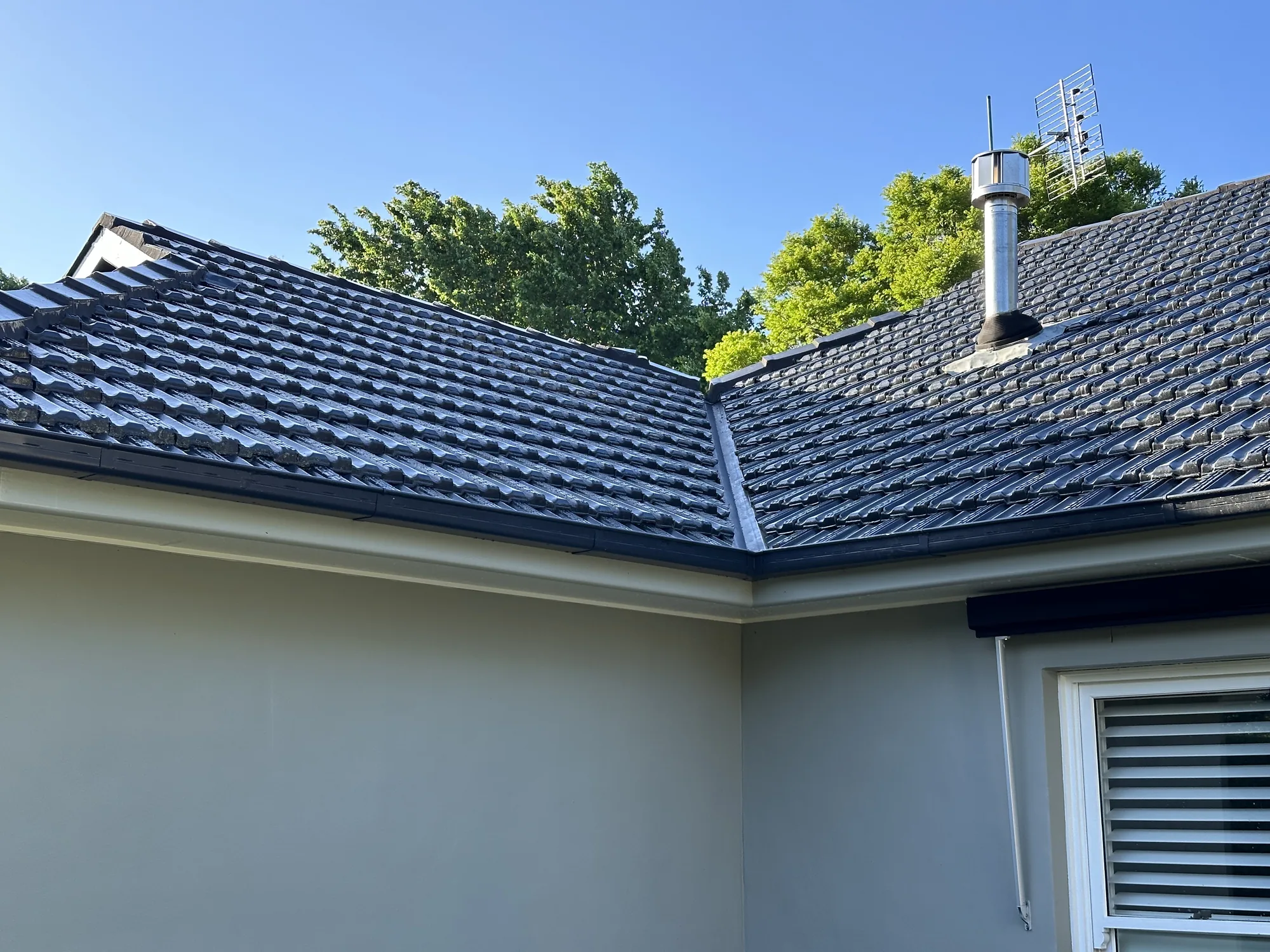 Glazed terracotta roof looking like new after a pressure washing.