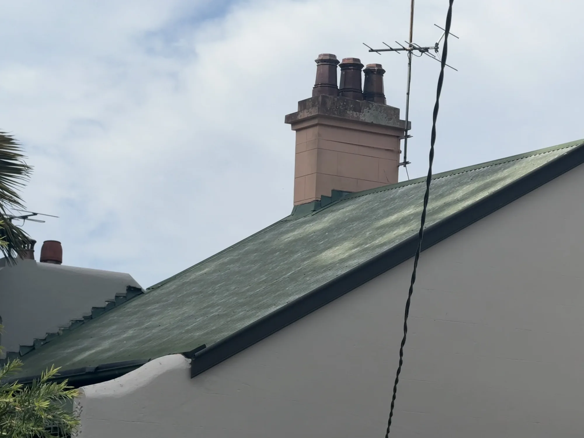 Green heritage corrugated metal roof before soft washing and painting, North Sydney