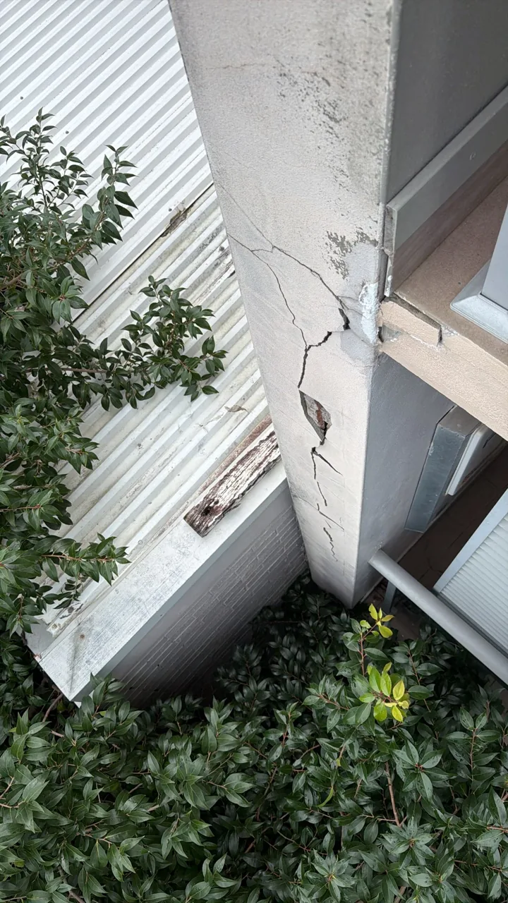 Close-up of a cracked concrete column next to green foliage and a corrugated metal roof edge.