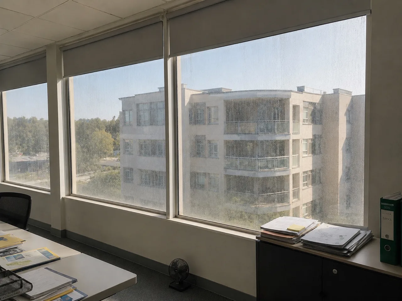 Interior office view through window glass heavily filmed with accumulated airborne grime