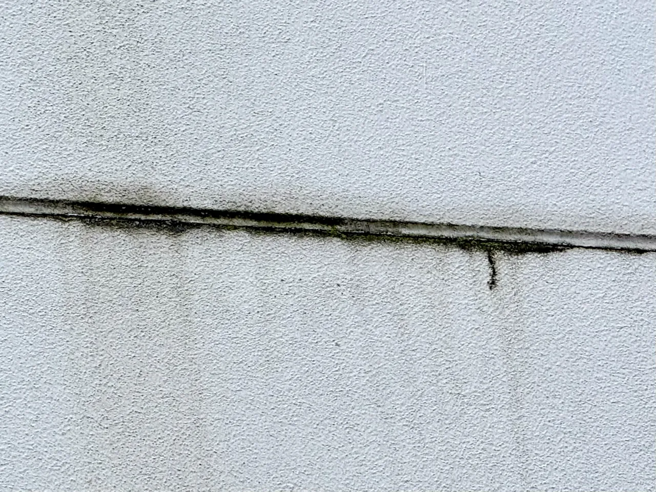 Horizontal crack tracking along a render joint with biological growth colonising the open line