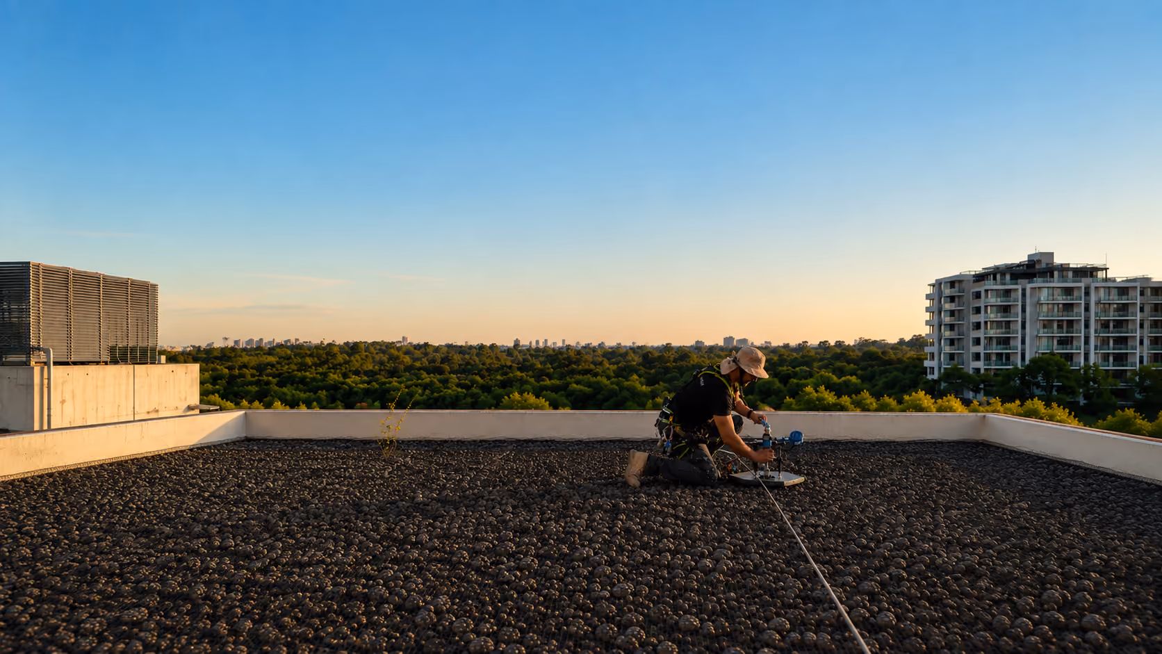 Harnessed technician kneeling on a gravel-ballasted rooftop testing the anchors at dusk