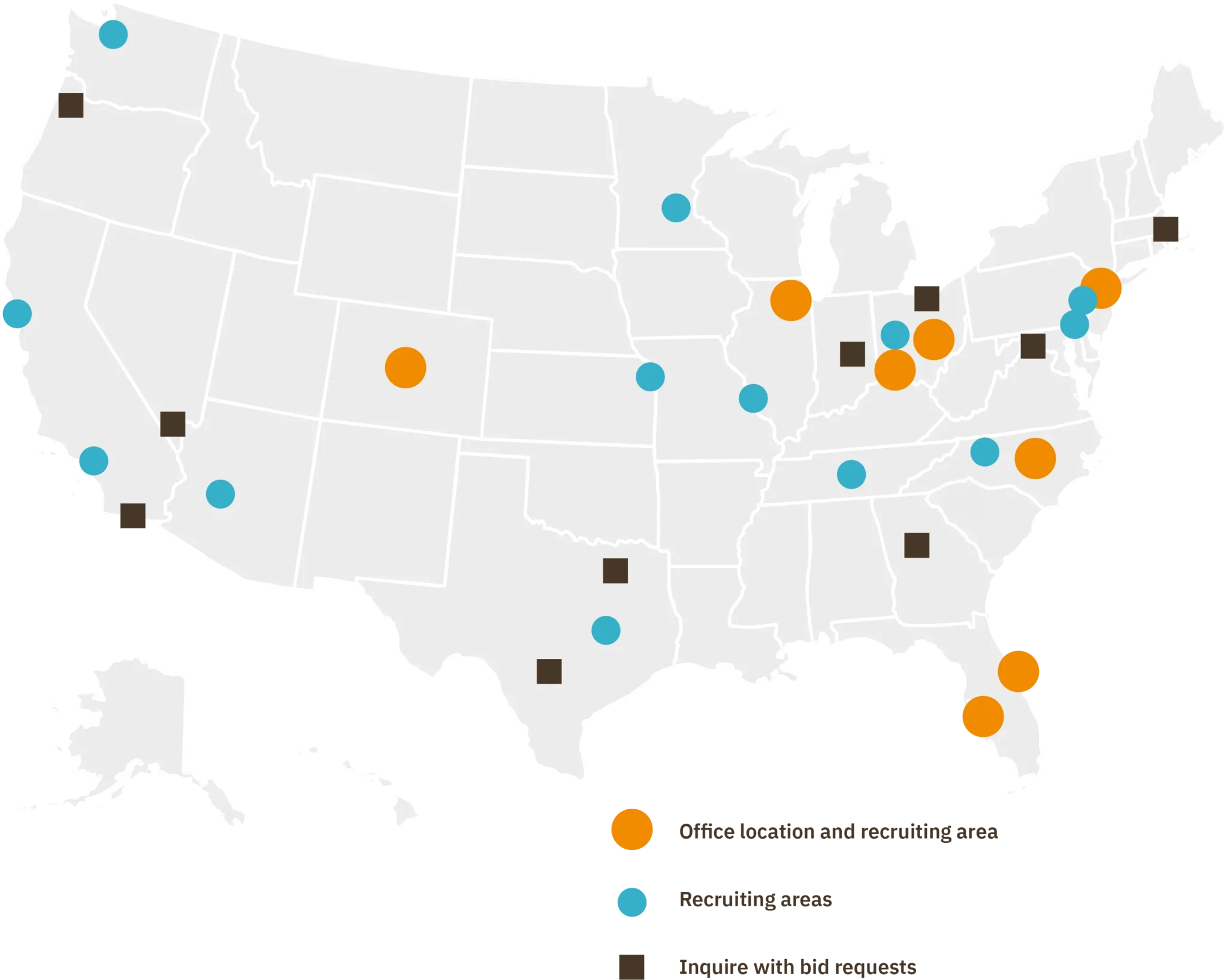 Map of L&E Research office locations, recruiting areas, and bid-request markets across the United States