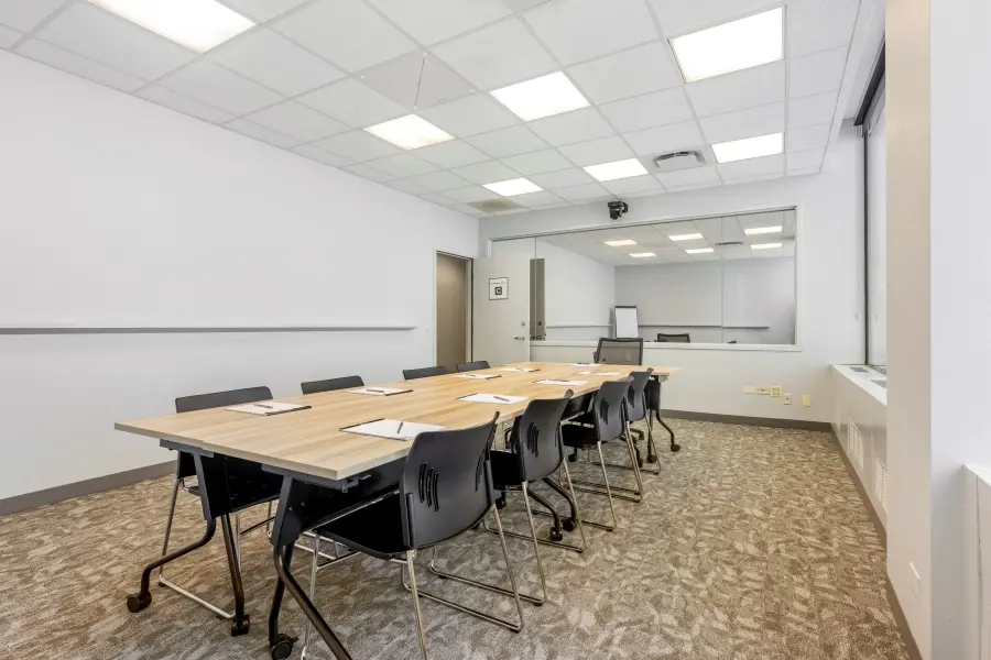 Flexible qualitative research room within the Windy City suite at L&E Research Chicago, set up for product handling and consumer UX studies.