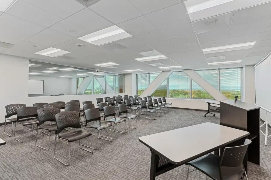 The flexible Pikes Peak research room at L&E Research Denver, configured as a mock jury room layout for sample jury studies and legal research.