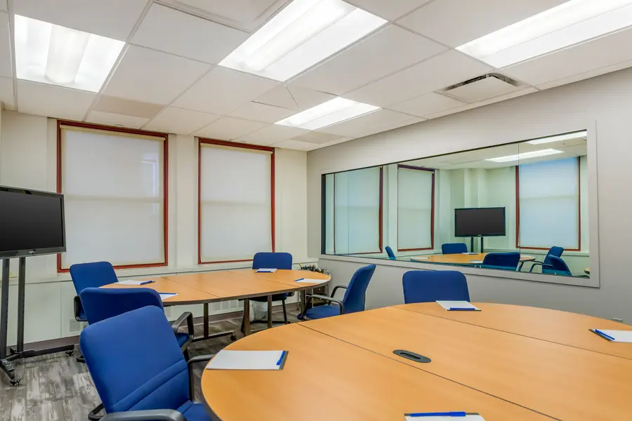 Professional focus group room rental within the Wall Street suite at L&E Research New York, configured for consumer insights and participant panels.