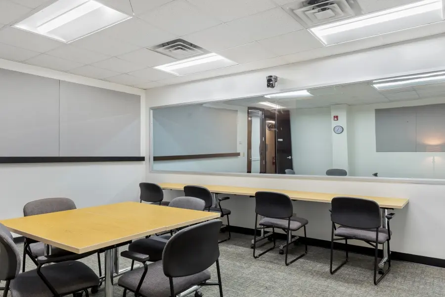 Spacious conference-style focus group room rental within the Pinehurst suite at L&E Research Raleigh, ideal for B2B research panels.