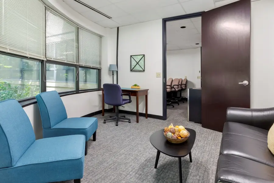 Premium corporate client lounge in the Biltmore suite at L&E Research Raleigh, featuring comfortable seating and secure HD streaming monitors.