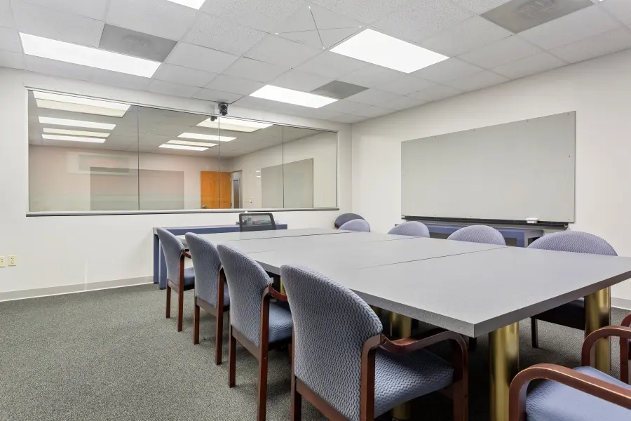 Modern qualitative focus group suite rental within the St. Petersburg room at L&E Research's Tampa, Florida facility.