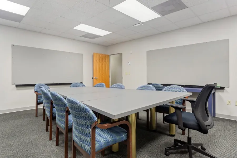 Spacious conference-style focus group room rental within the Clearwater suite at L&E Research Tampa, ideal for professional B2B research panels.