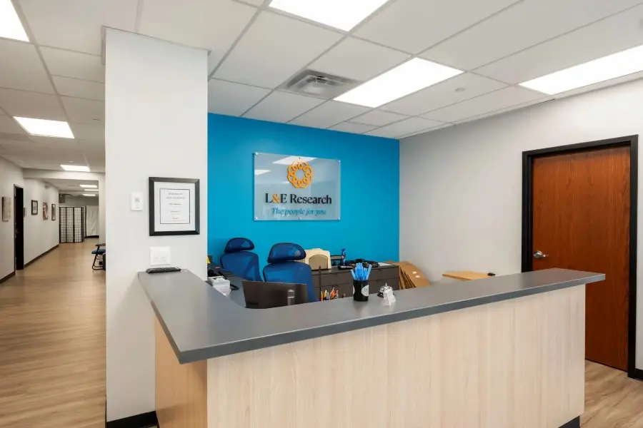 Front desk and participant check-in area at L&E Research Columbus