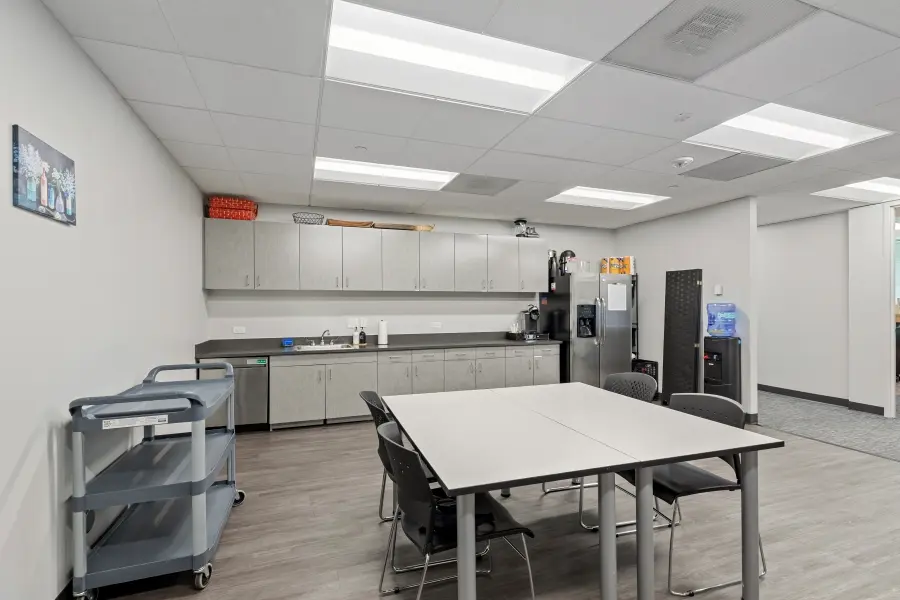 Clean and organized staff breakroom and employee kitchen zone at L&E Research's Glendale, Denver facility.