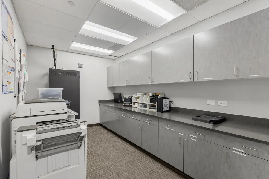 Secure facility back-office and operations work room for the local study management team at L&E Research Denver.